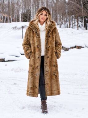 Donna Salyers Fabulous Furs Full Length Golden Red Fox Hooded Faux Fur Coat M